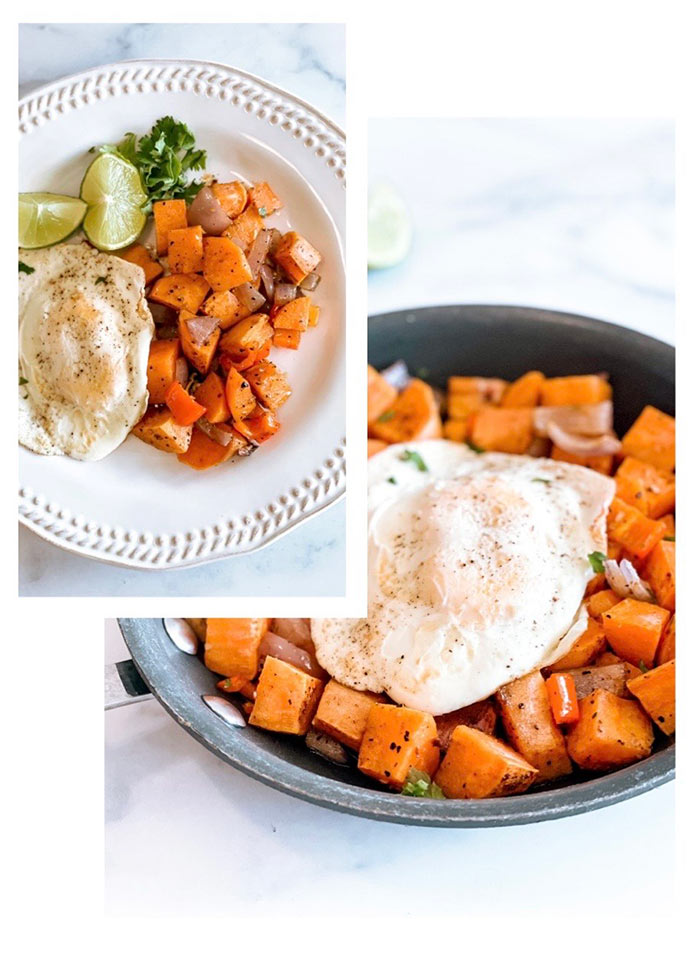 Seasoned sweet potatoes in a skillet with an egg on top.