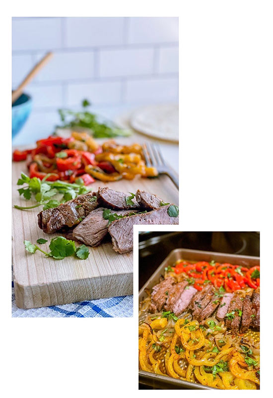 A mix of seasoned vegetables and steak served baked on a pan.