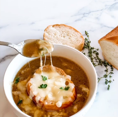 A bowl of homemade french onion soup
