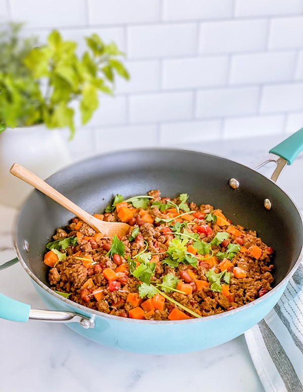 Cooked southwest sweet potato skillet in a frying pan.